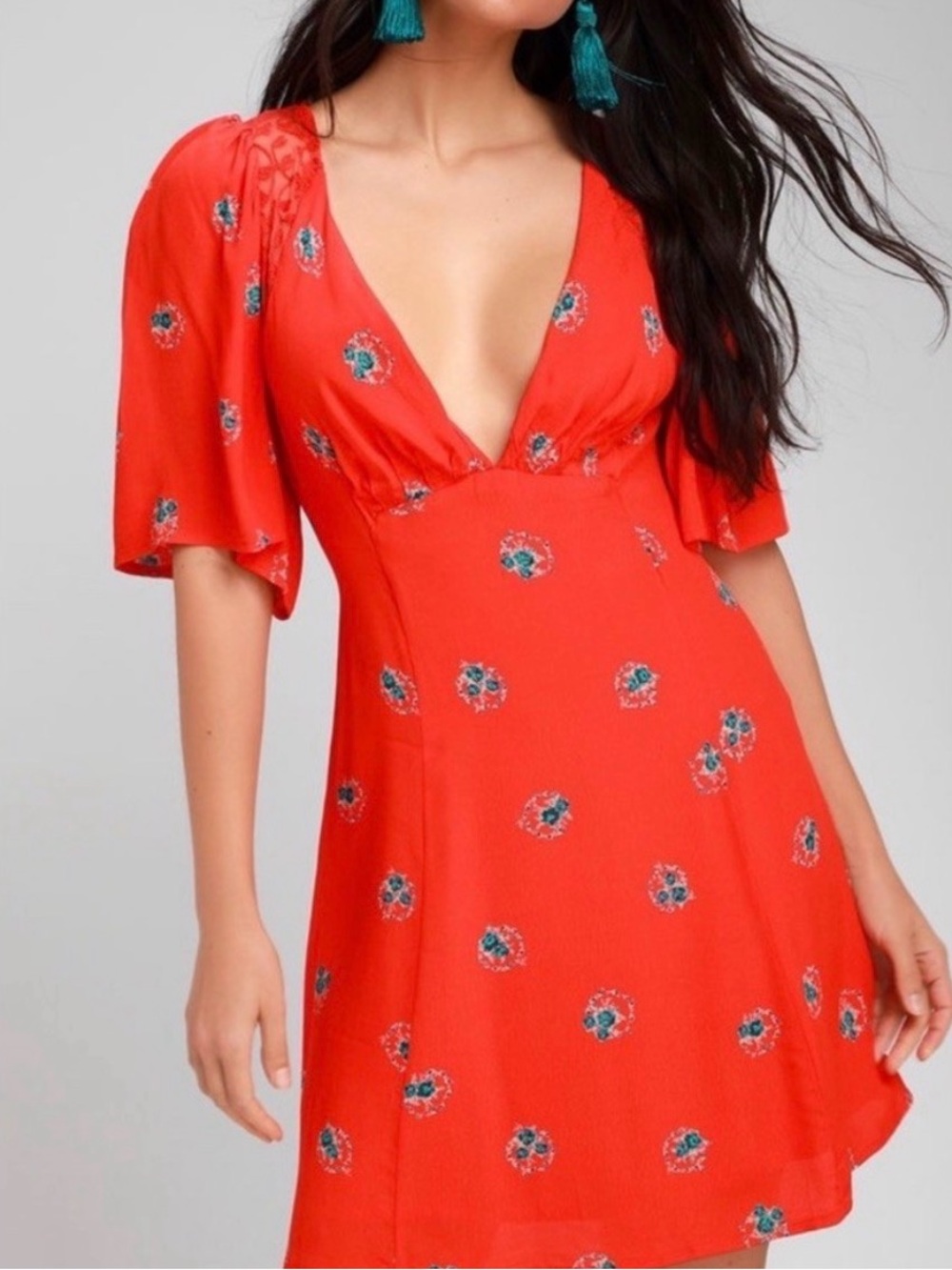 Free People 8 Coral Red Mockingbird Floral Deep Viscous V-Neck Mini Dress